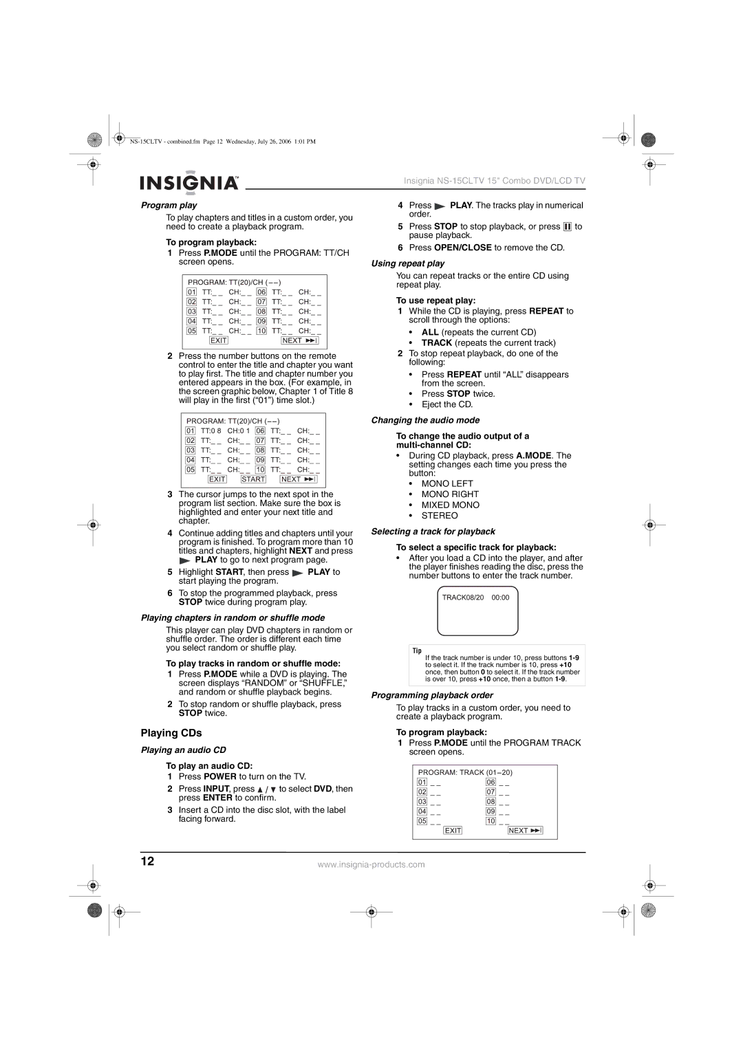 Insignia NS-15cltv manual Playing CDs 