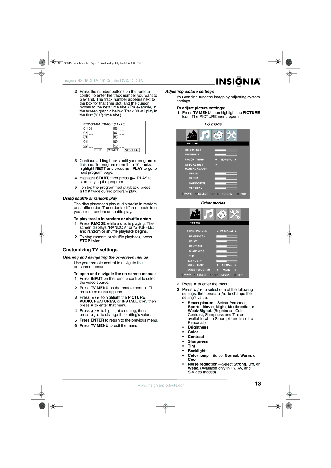 Insignia NS-15cltv manual Customizing TV settings, Adjusting picture settings, PC mode, Using shuffle or random play 