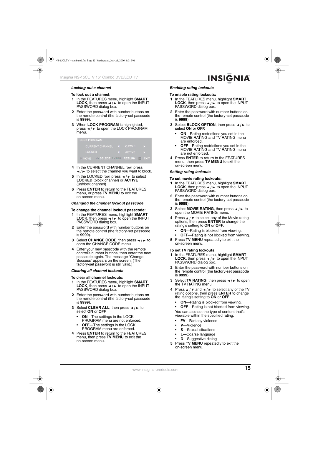 Insignia NS-15cltv manual Locking out a channel Enabling rating lockouts, Changing the channel lockout passcode 