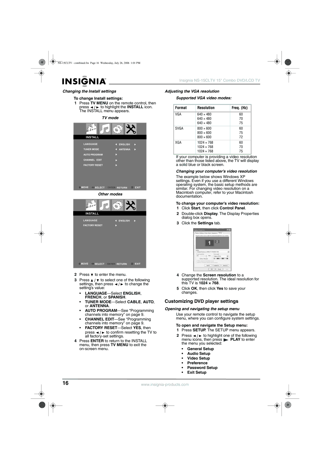 Insignia NS-15cltv Customizing DVD player settings, Changing the Install settings, Opening and navigating the setup menu 