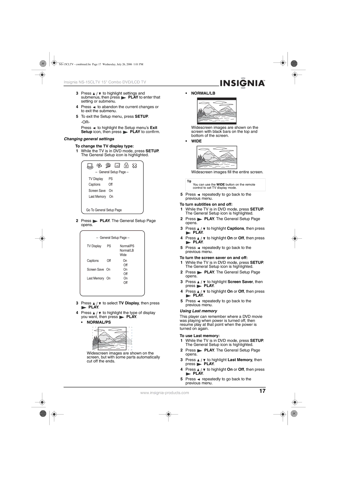 Insignia NS-15cltv manual Changing general settings, Using Last memory 