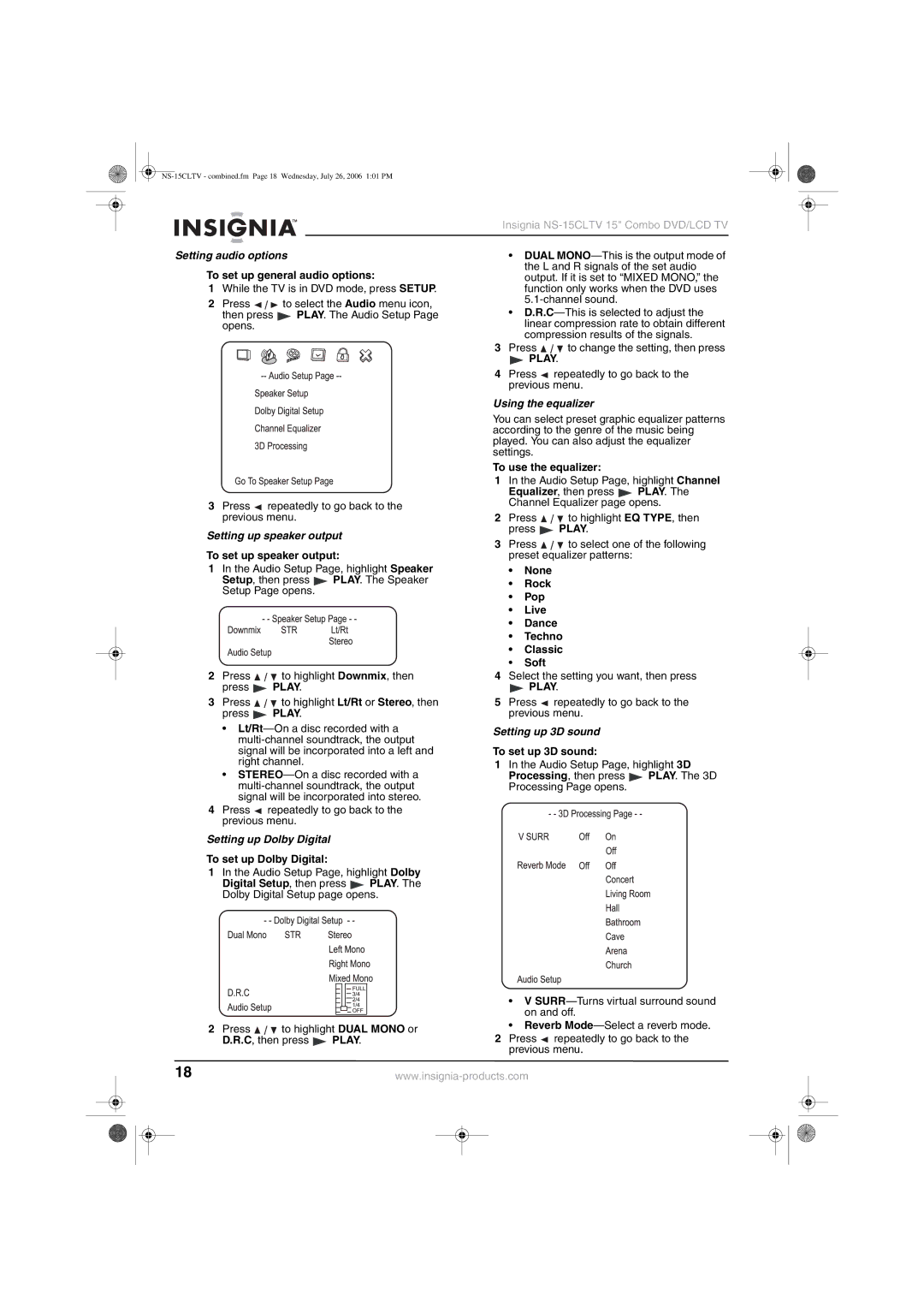 Insignia NS-15cltv manual Setting audio options, Setting up speaker output, Setting up Dolby Digital, Using the equalizer 