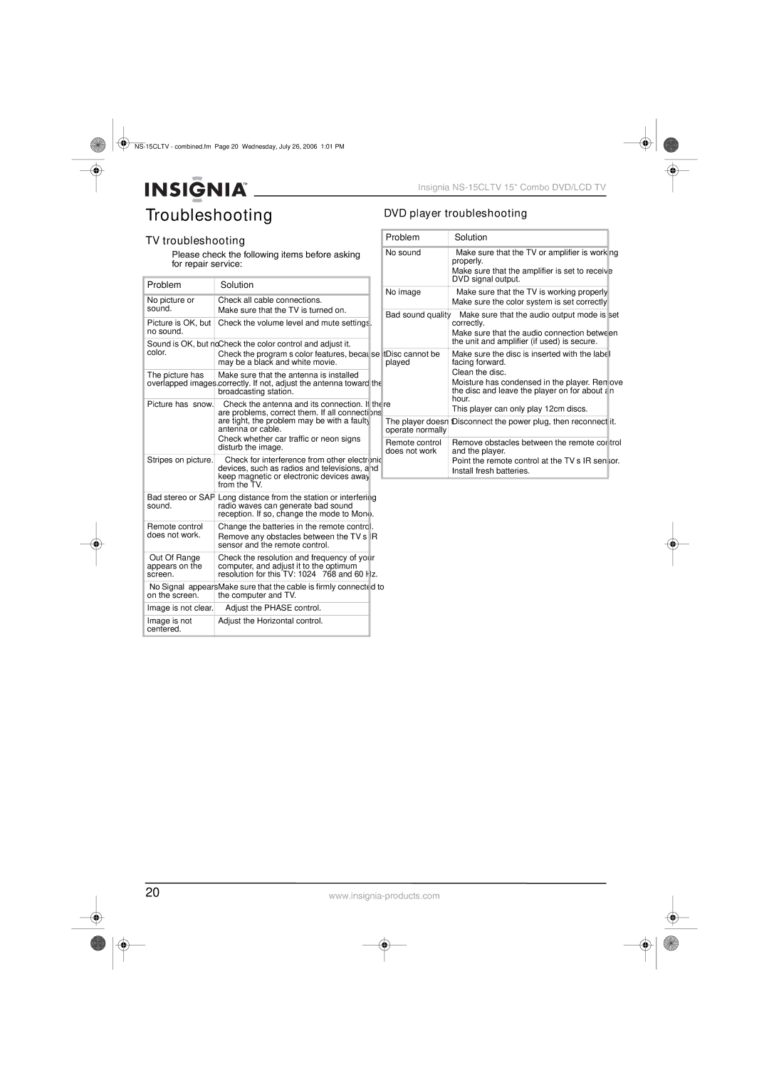 Insignia NS-15cltv manual Troubleshooting, TV troubleshooting, DVD player troubleshooting, Problem Solution 