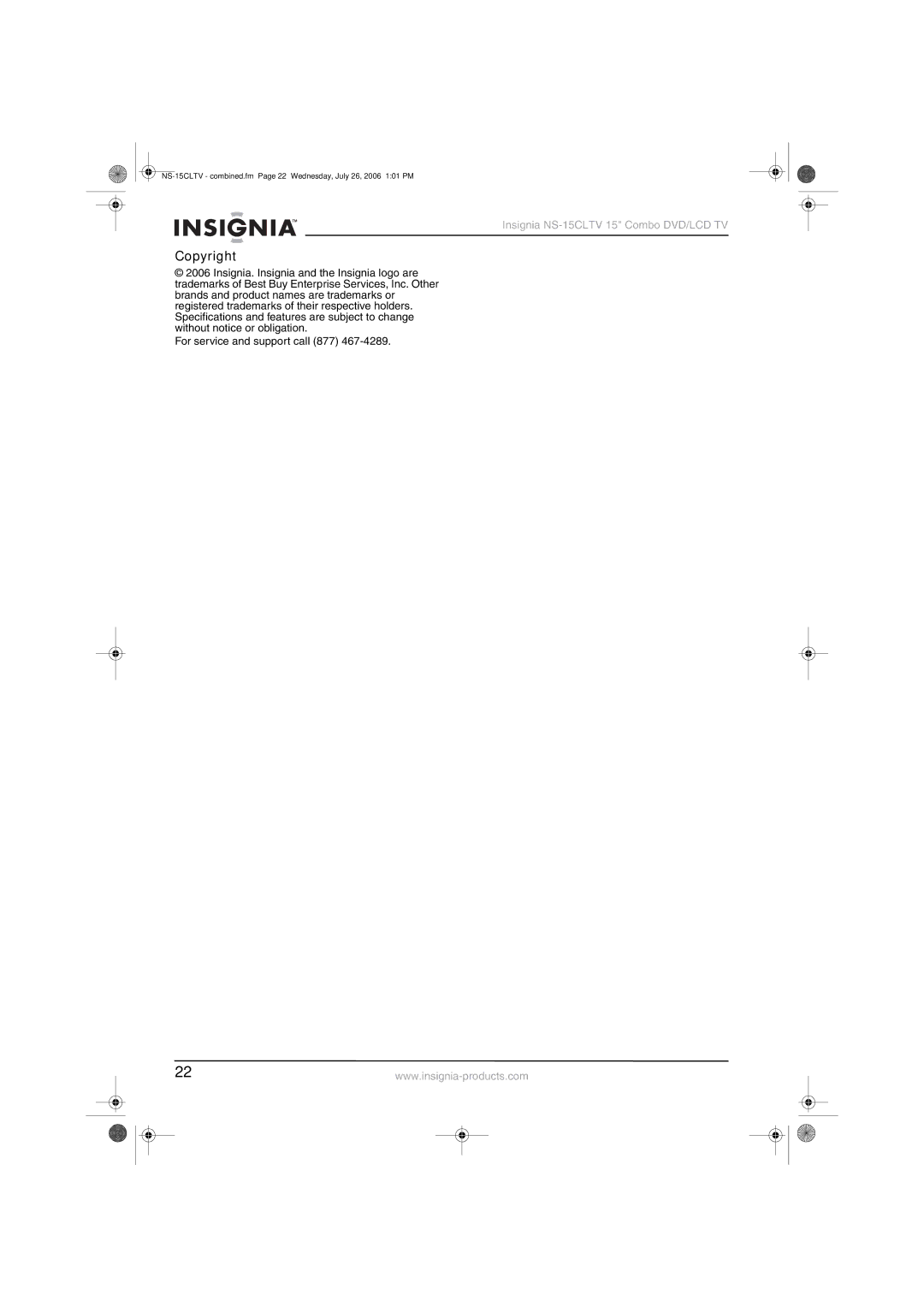 Insignia NS-15cltv manual Copyright 