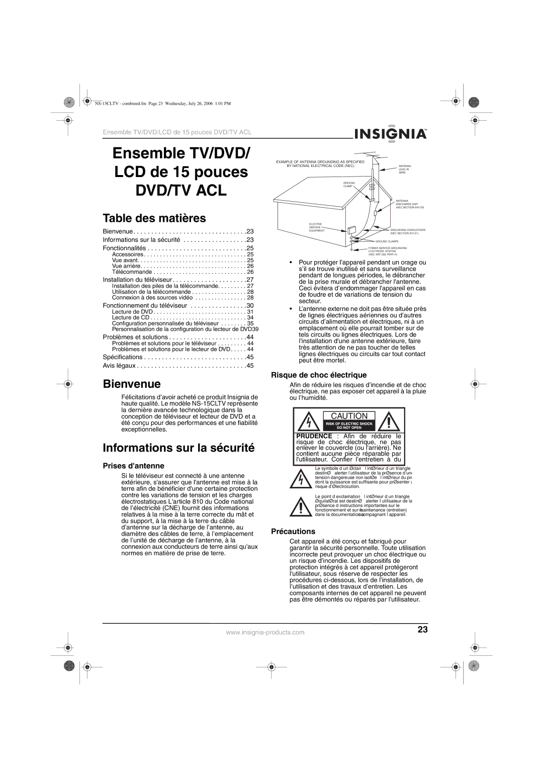 Insignia NS-15cltv manual Table des matières, Bienvenue, Informations sur la sécurité 