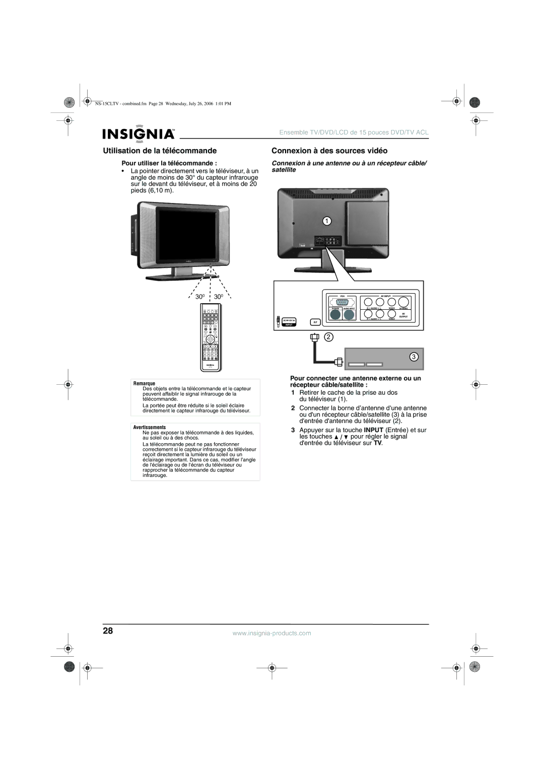 Insignia NS-15cltv manual Utilisation de la télécommande, Connexion à des sources vidéo, Pour utiliser la télécommande 