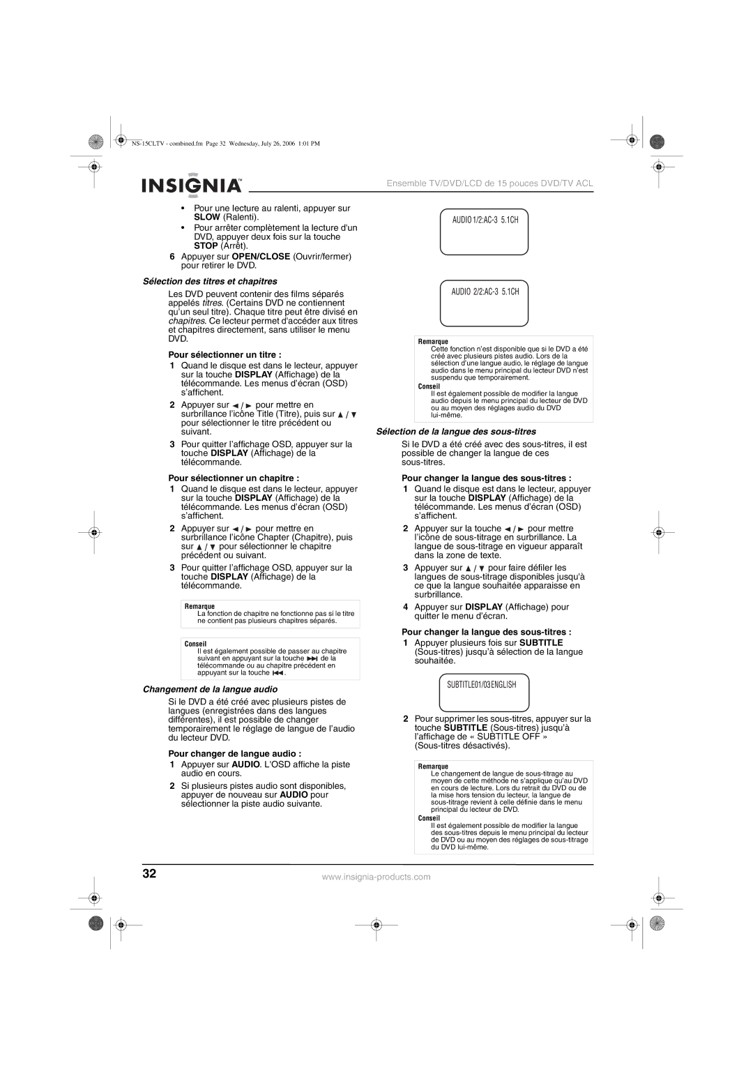 Insignia NS-15cltv manual Sélection des titres et chapitres, Sélection de la langue des sous-titres 