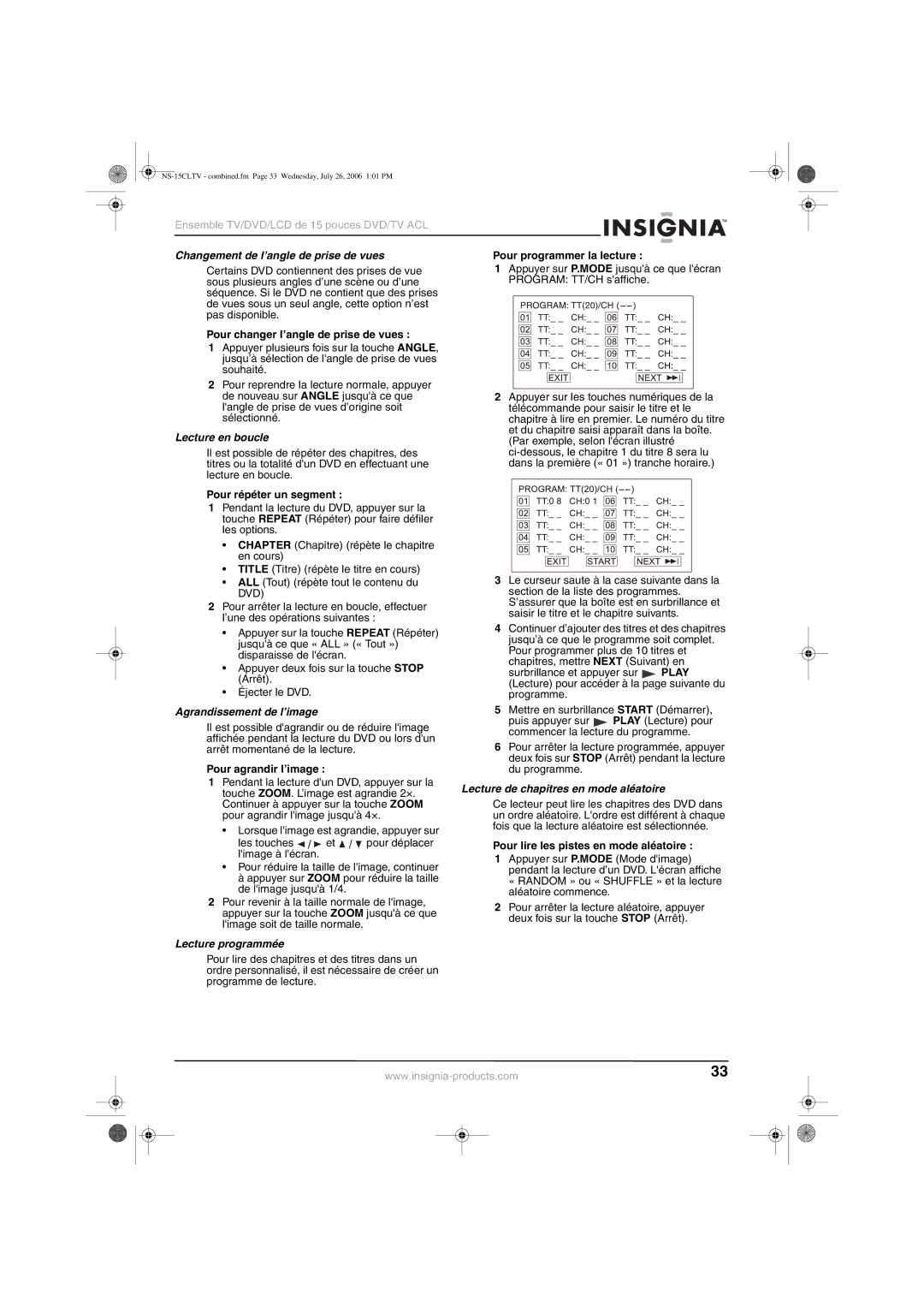 Insignia NS-15cltv manual Changement de l’angle de prise de vues, Lecture en boucle, Agrandissement de l’image 