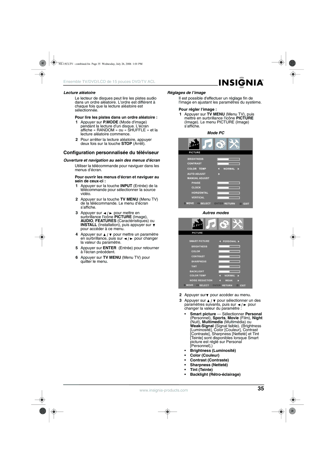 Insignia NS-15cltv Configuration personnalisée du téléviseur, Lecture aléatoire, Réglages de l’image, Mode PC Autres modes 