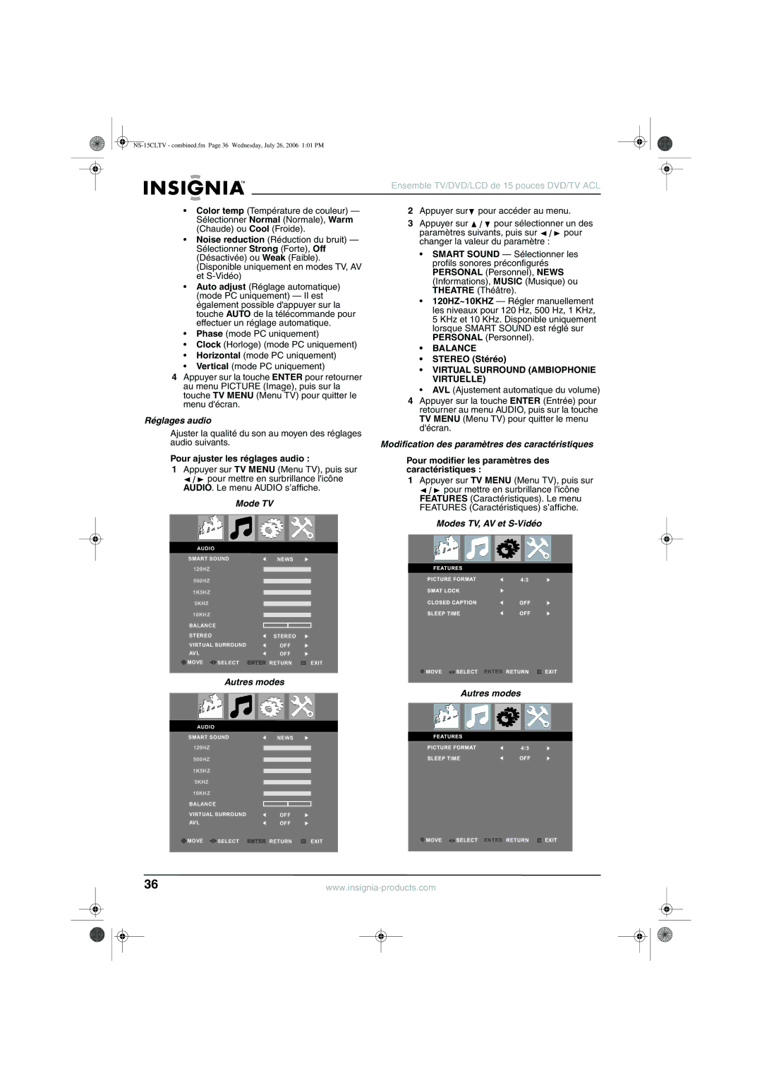 Insignia NS-15cltv manual Virtual Surround Ambiophonie, Virtuelle, Réglages audio 