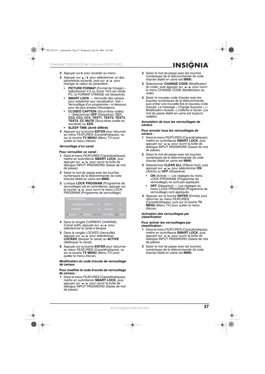 Insignia NS-15cltv manual Verrouillage dun canal, Modification du code daccès de verrouillage de canaux 