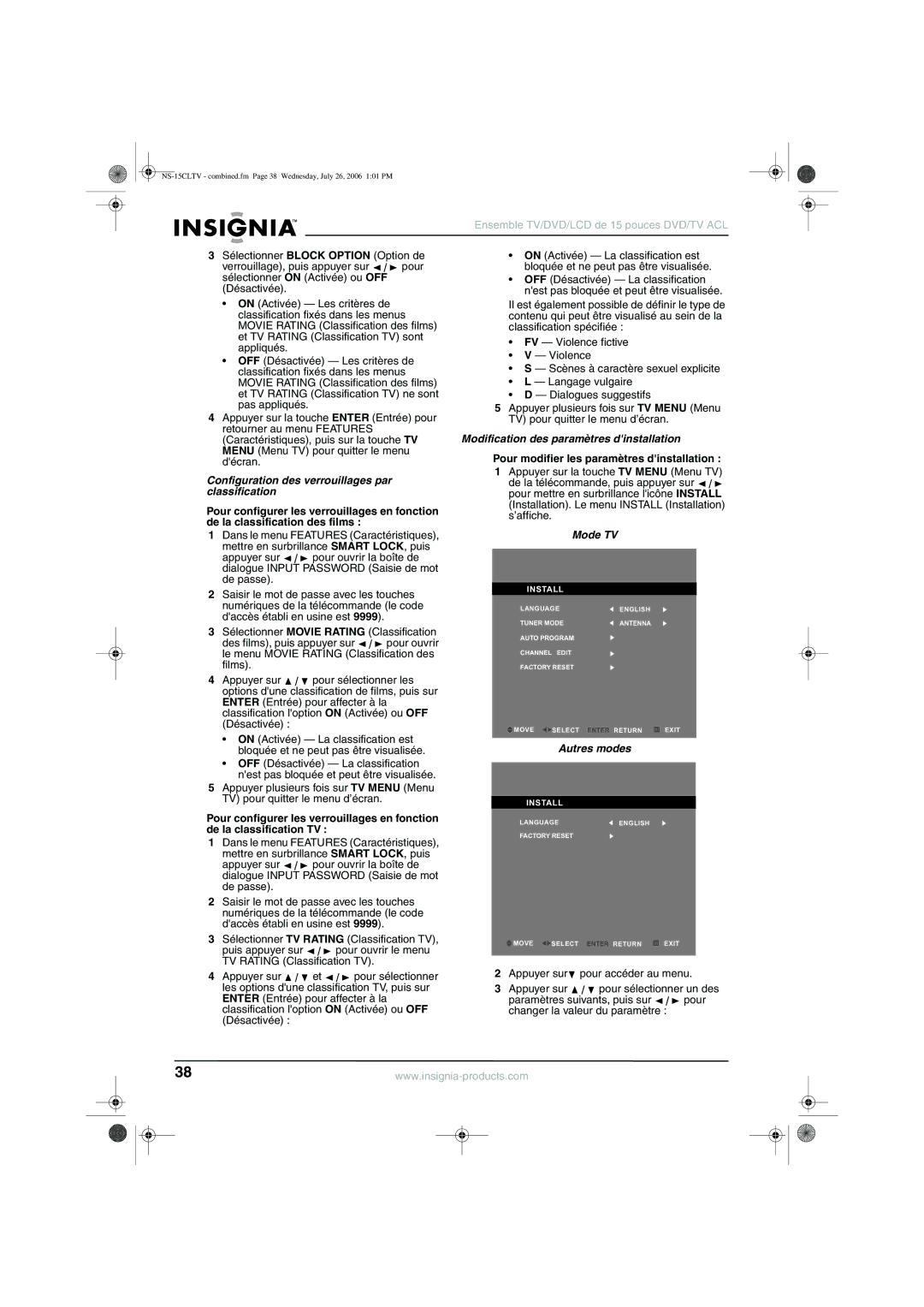 Insignia NS-15cltv manual Configuration des verrouillages par classification, Modification des paramètres dinstallation 