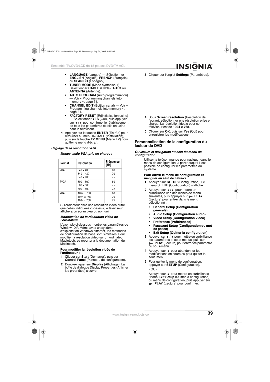 Insignia NS-15cltv manual Personnalisation de la configuration du lecteur de DVD 