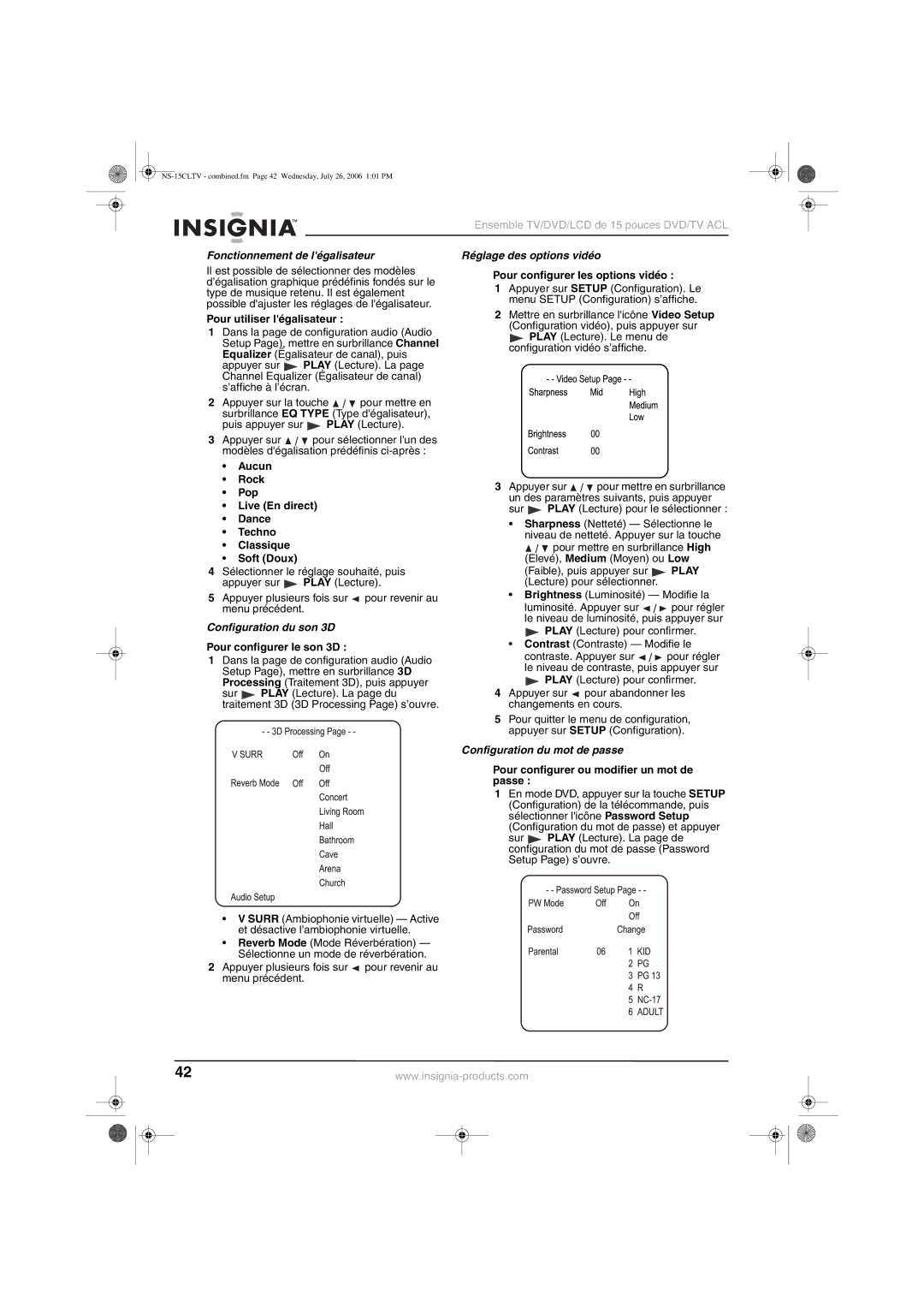 Insignia NS-15cltv manual Fonctionnement de légalisateur Réglage des options vidéo, Configuration du son 3D 