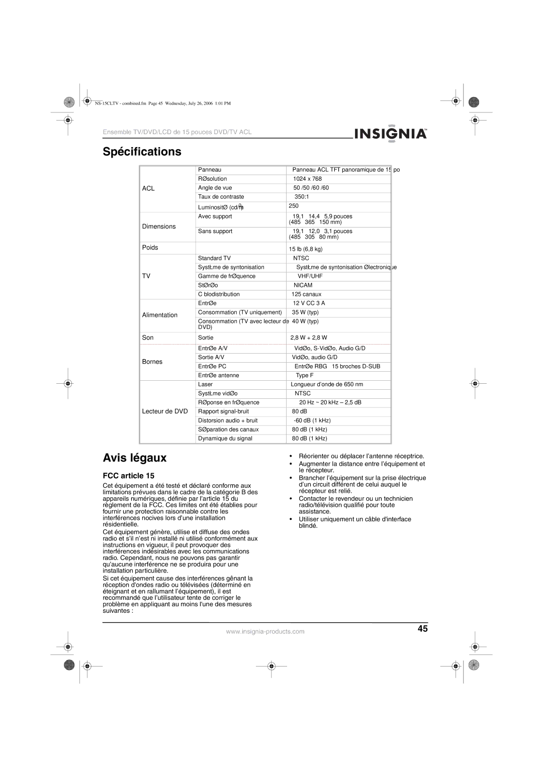 Insignia NS-15cltv manual Spécifications, Avis légaux, FCC article, Acl 