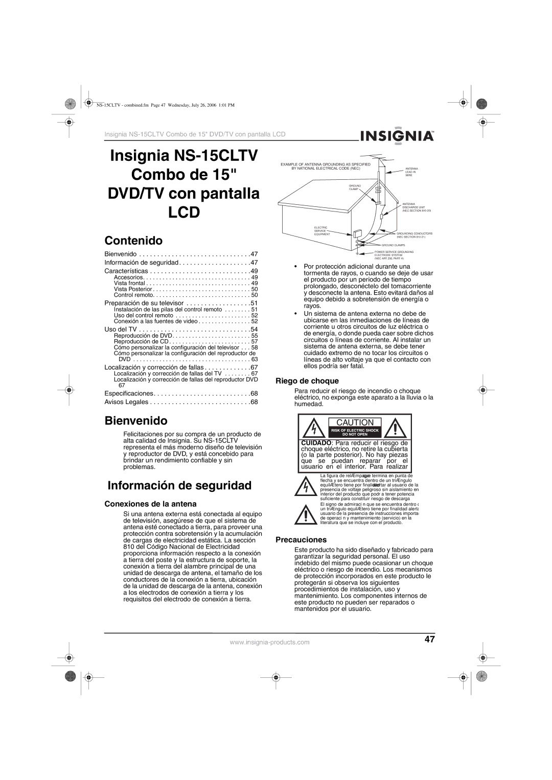 Insignia NS-15cltv manual Contenido, Bienvenido, Información de seguridad 