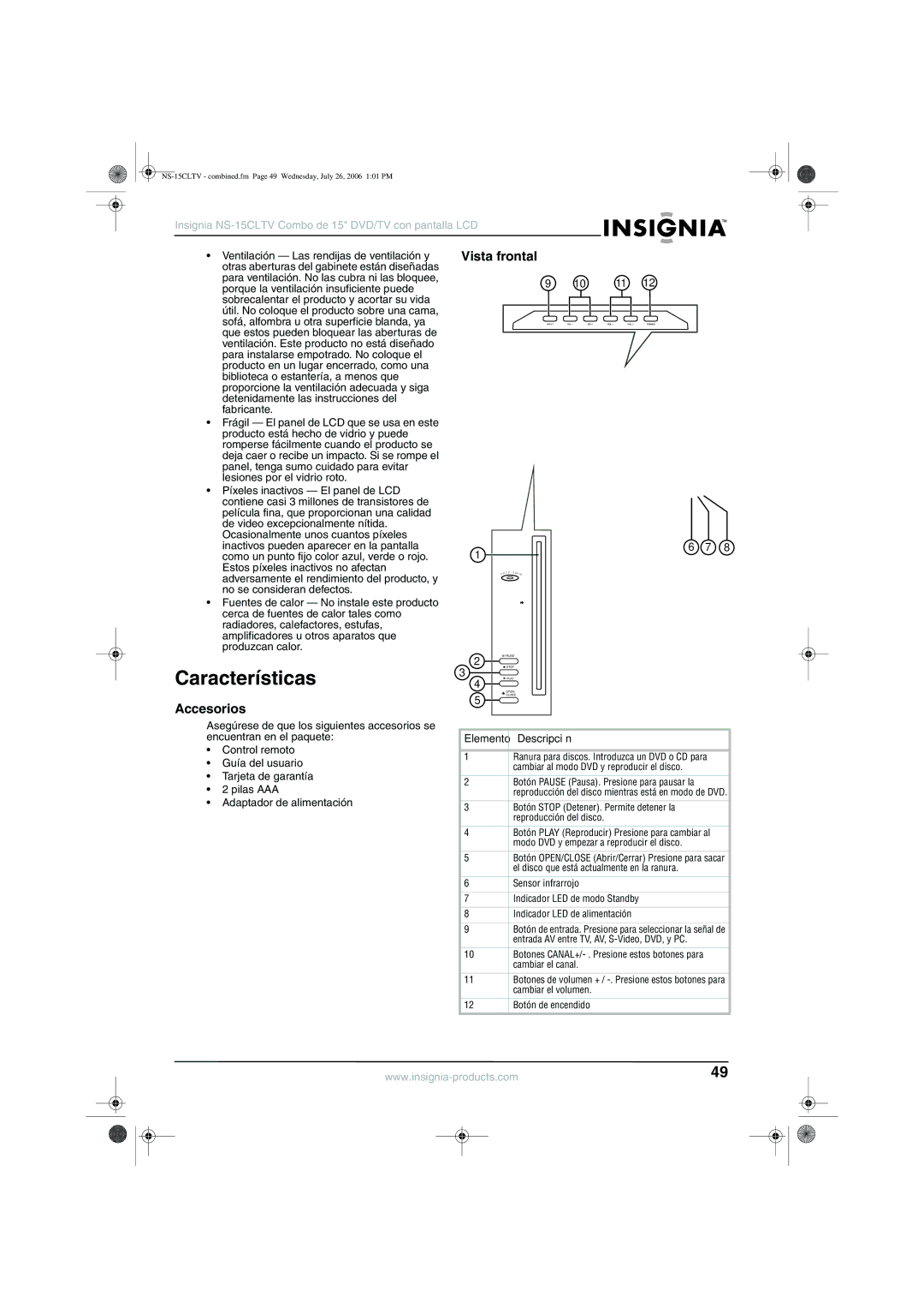 Insignia NS-15cltv manual Características, Accesorios, Vista frontal, Descripción 