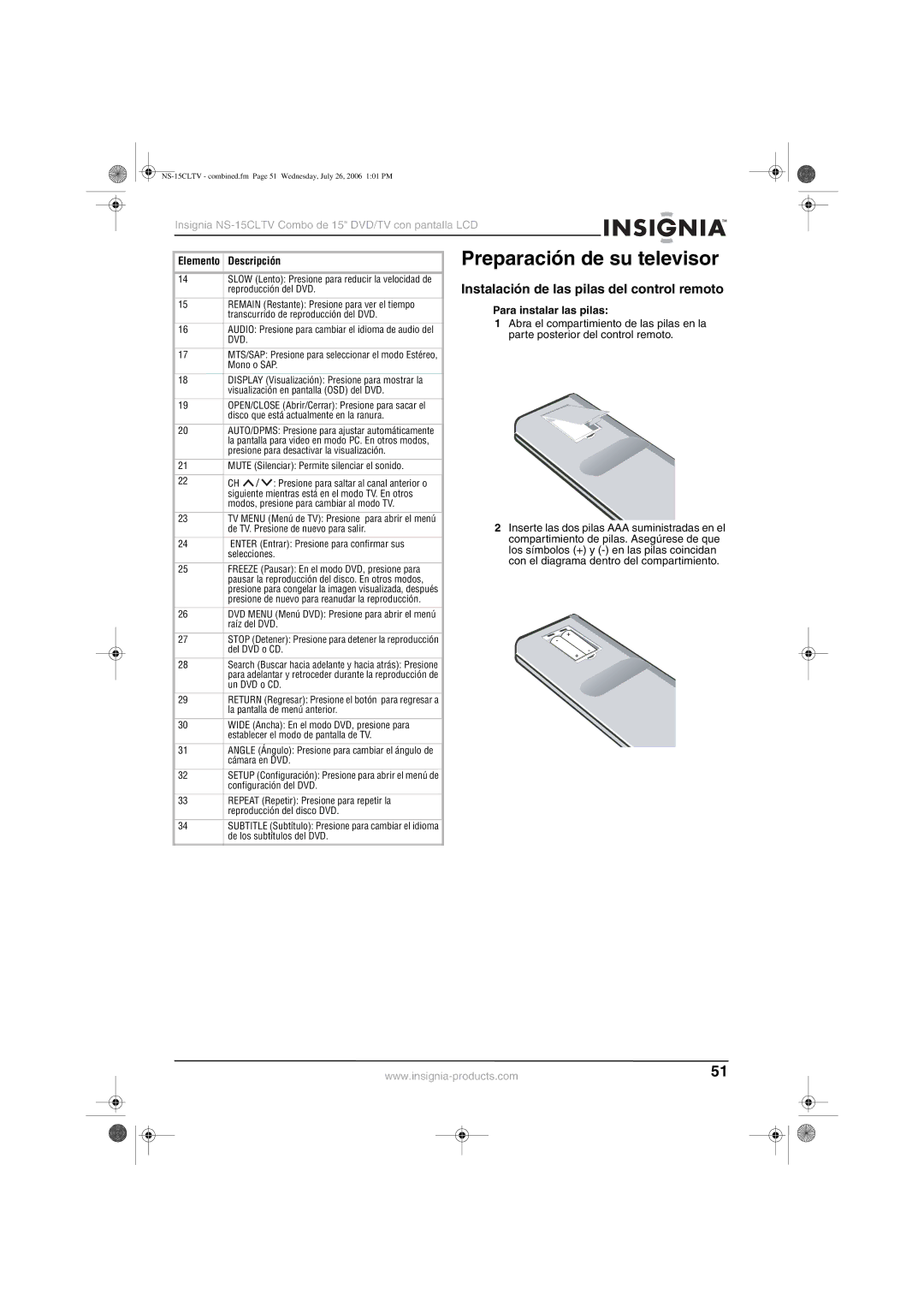 Insignia NS-15cltv manual Preparación de su televisor, Instalación de las pilas del control remoto, Para instalar las pilas 