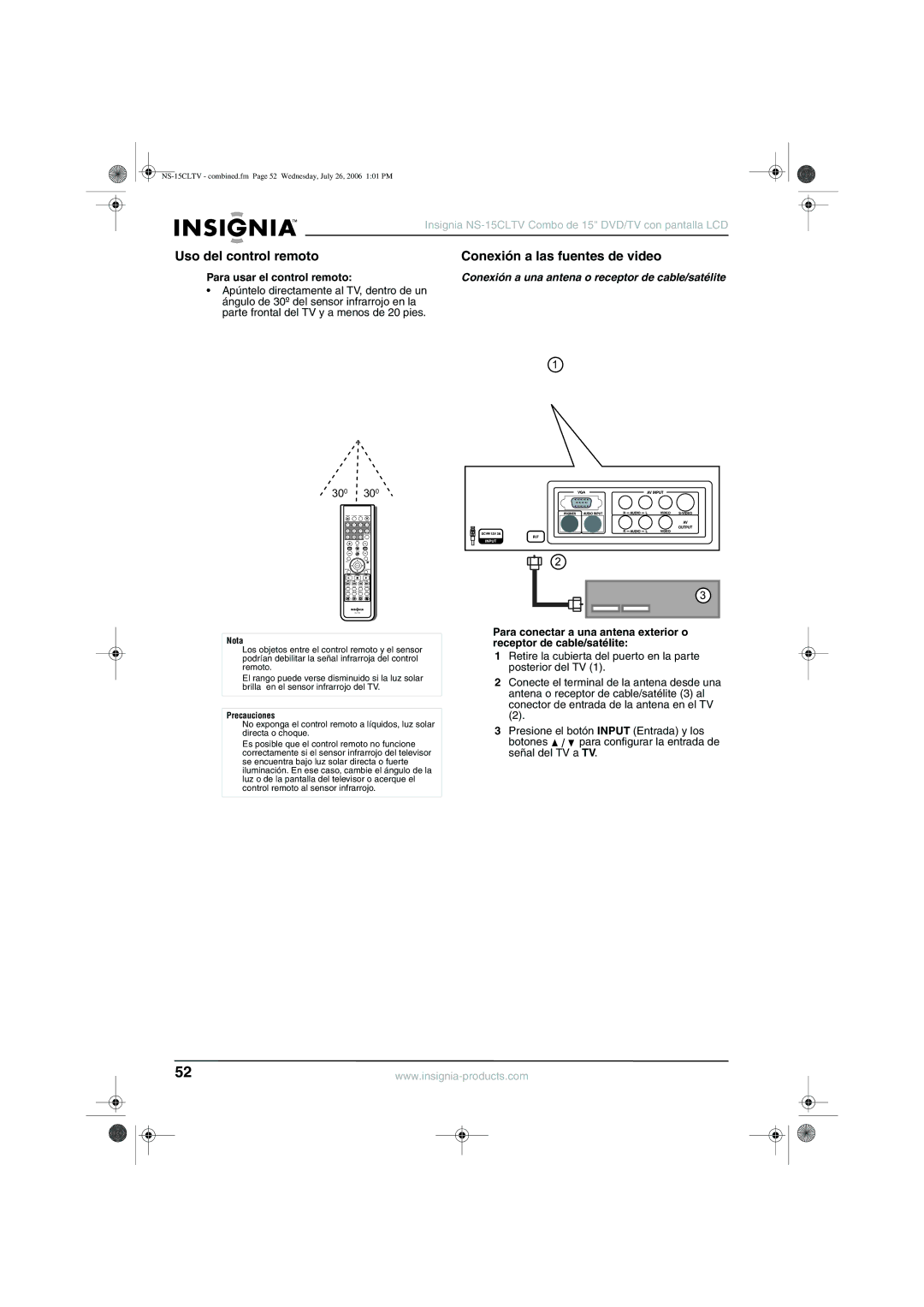 Insignia NS-15cltv manual Uso del control remoto Conexión a las fuentes de video 