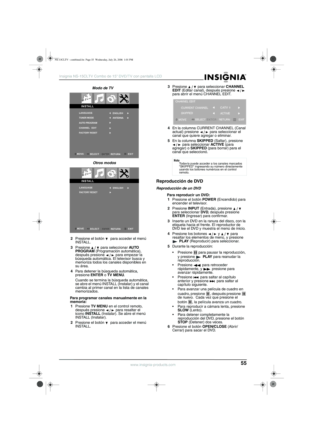 Insignia NS-15cltv manual Reproducción de DVD, Modo de TV, Otros modos, Reproducción de un DVD 