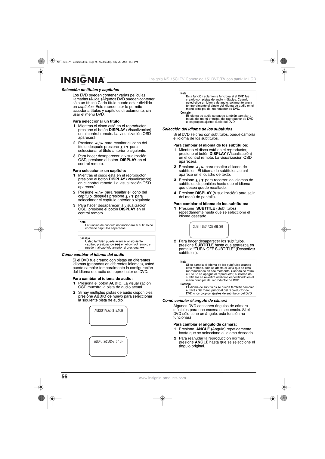 Insignia NS-15cltv Selección de títulos y capítulos, Cómo cambiar el idioma del audio, Cómo cambiar el ángulo de cámara 