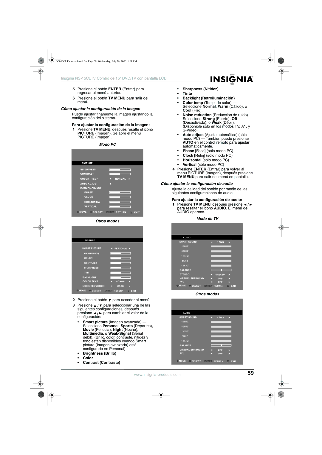 Insignia NS-15cltv manual Cómo ajustar la configuración de la imagen, Modo PC, Cómo ajustar la configuración de audio 