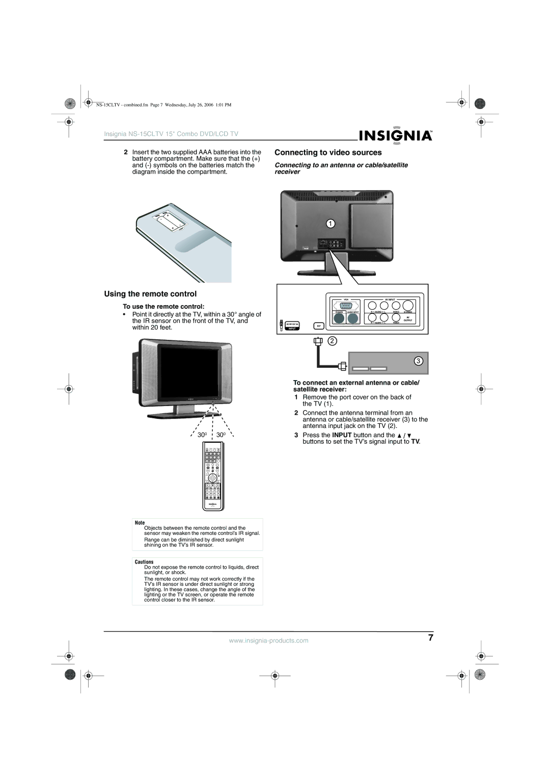 Insignia NS-15cltv Connecting to video sources, Using the remote control, Connecting to an antenna or cable/satellite 