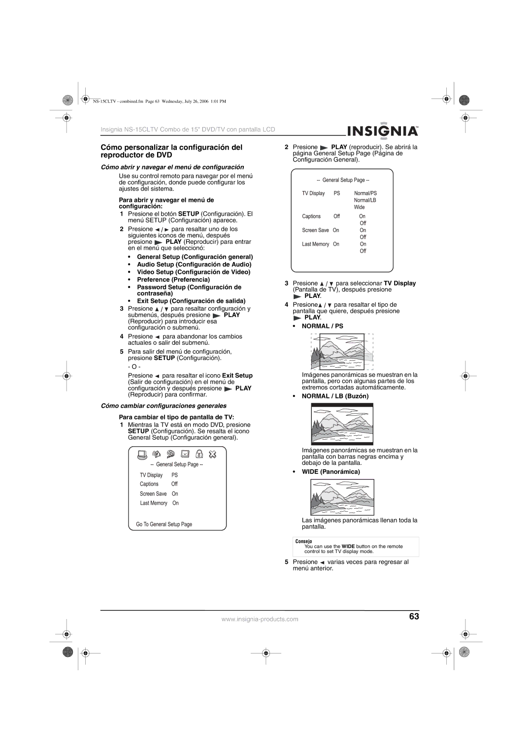 Insignia NS-15cltv manual Reproductor de DVD, Cómo abrir y navegar el menú de configuración, Normal / PS 