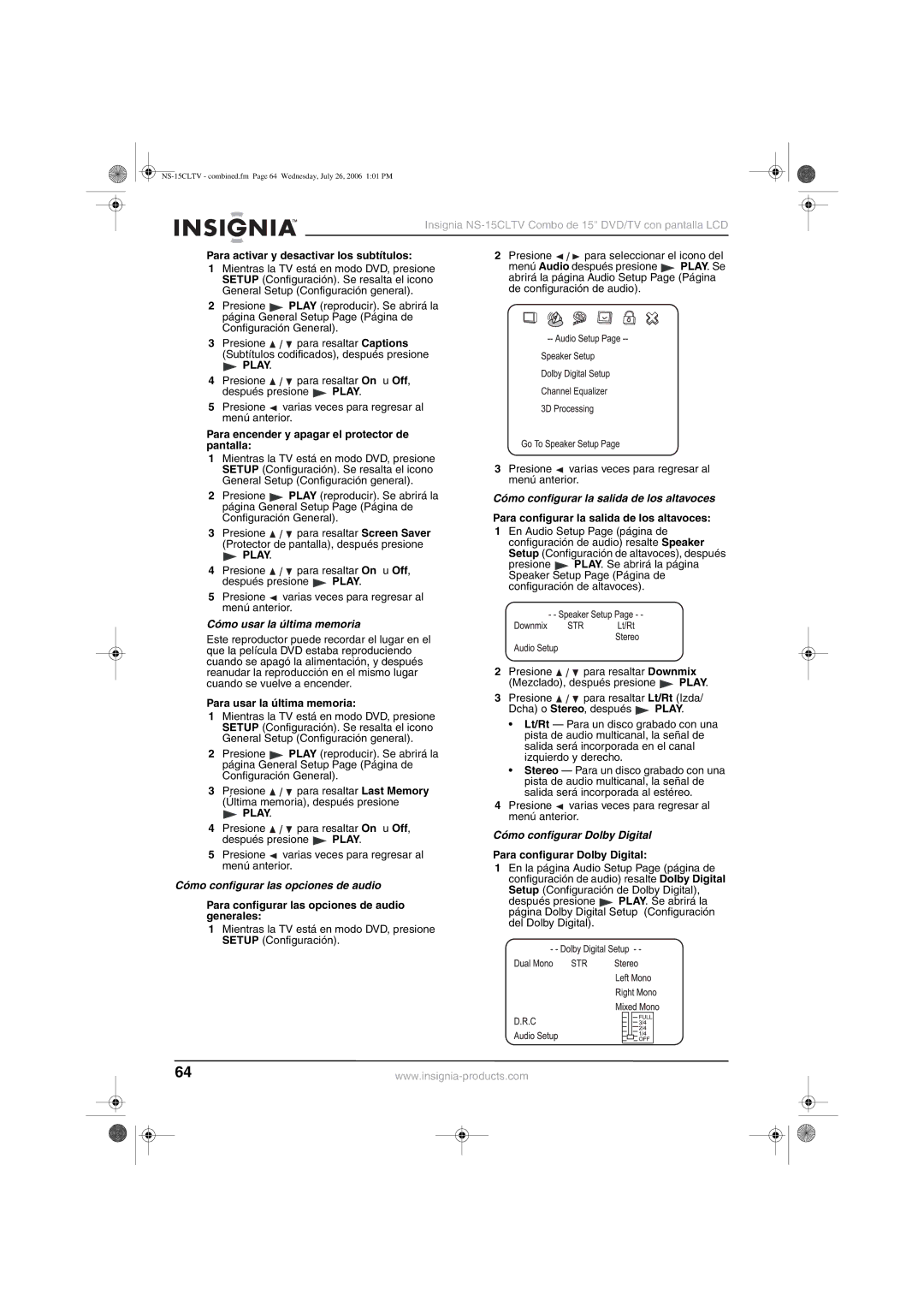 Insignia NS-15cltv manual Cómo usar la última memoria, Cómo configurar las opciones de audio, Cómo configurar Dolby Digital 