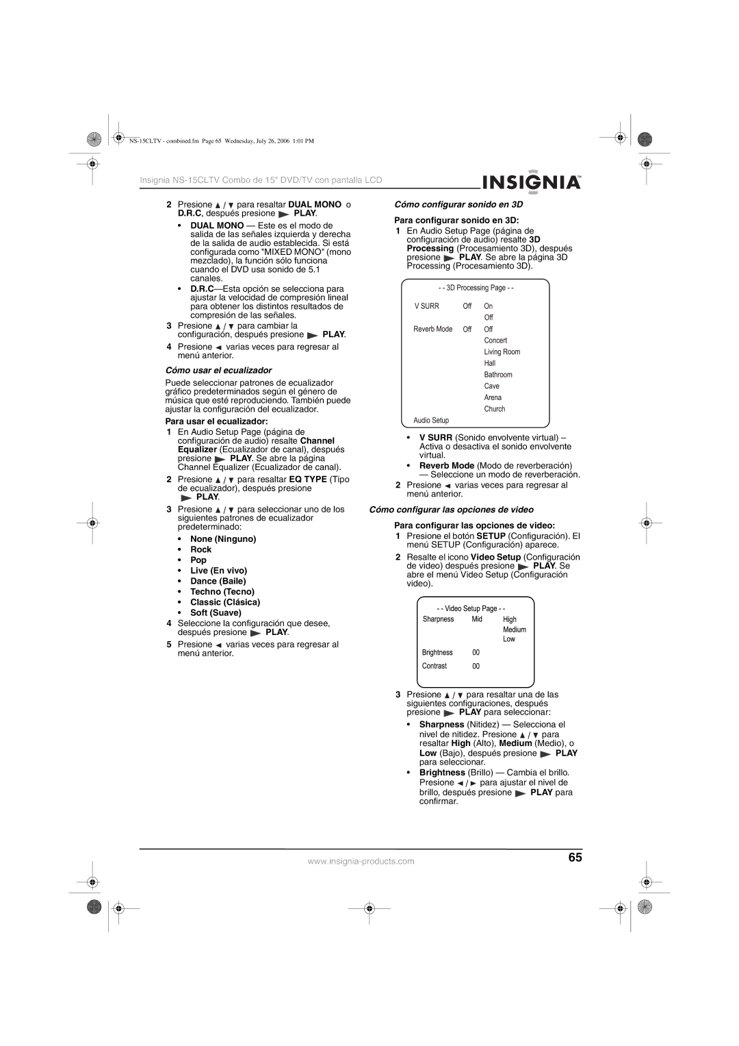 Insignia NS-15cltv manual Cómo configurar sonido en 3D, Cómo usar el ecualizador, Cómo configurar las opciones de video 