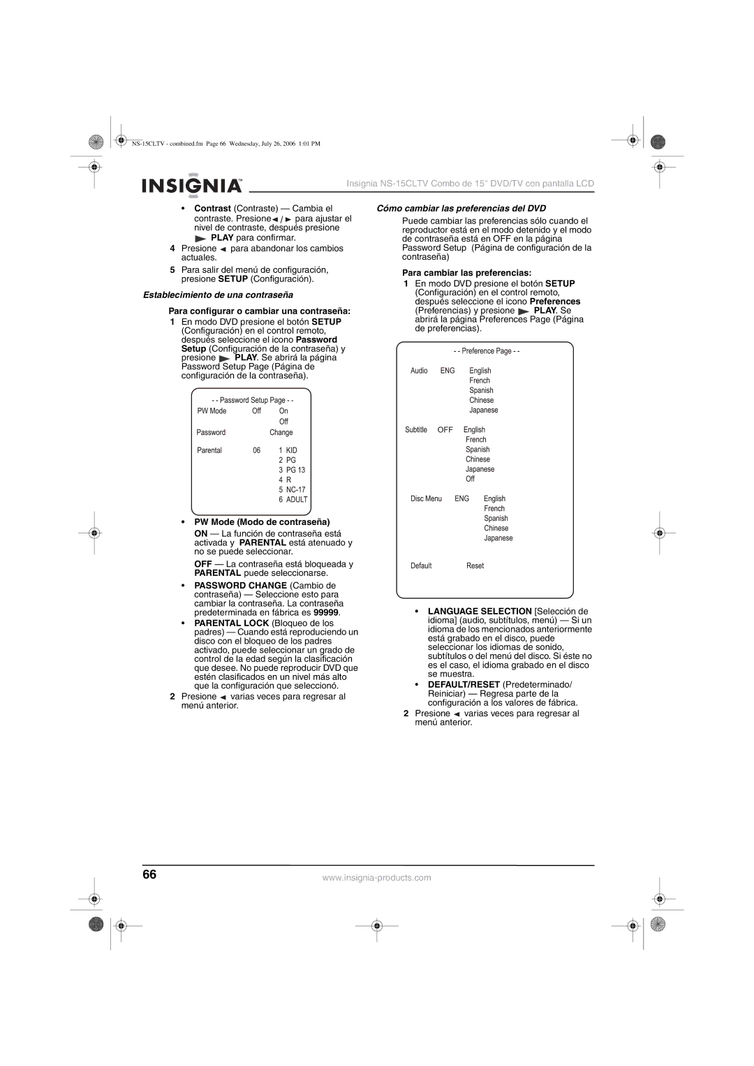 Insignia NS-15cltv manual Cómo cambiar las preferencias del DVD, Establecimiento de una contraseña 