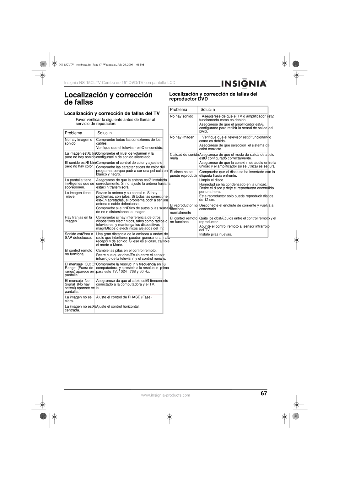 Insignia NS-15cltv Localización y corrección de fallas del TV, Localización y corrección de fallas del reproductor DVD 