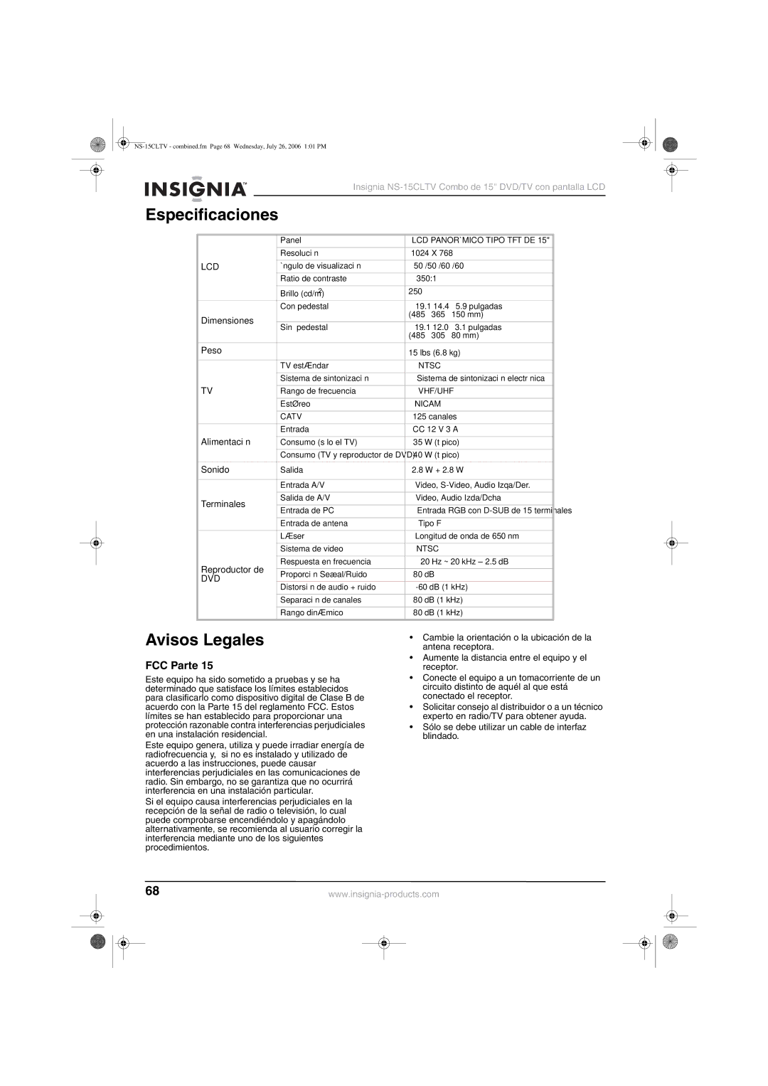 Insignia NS-15cltv manual Especificaciones, Avisos Legales, FCC Parte 