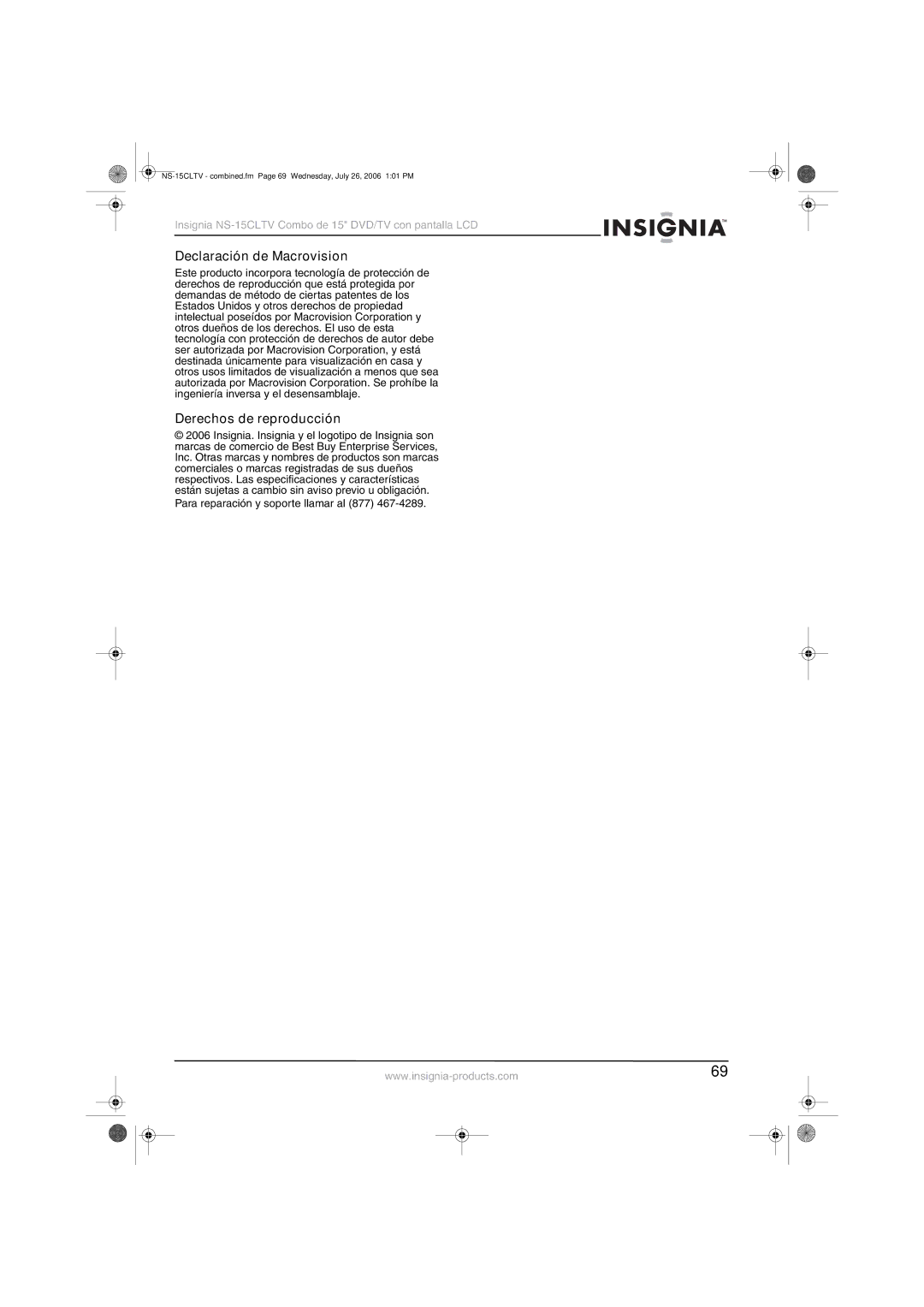 Insignia NS-15cltv manual Declaración de Macrovision, Derechos de reproducción 