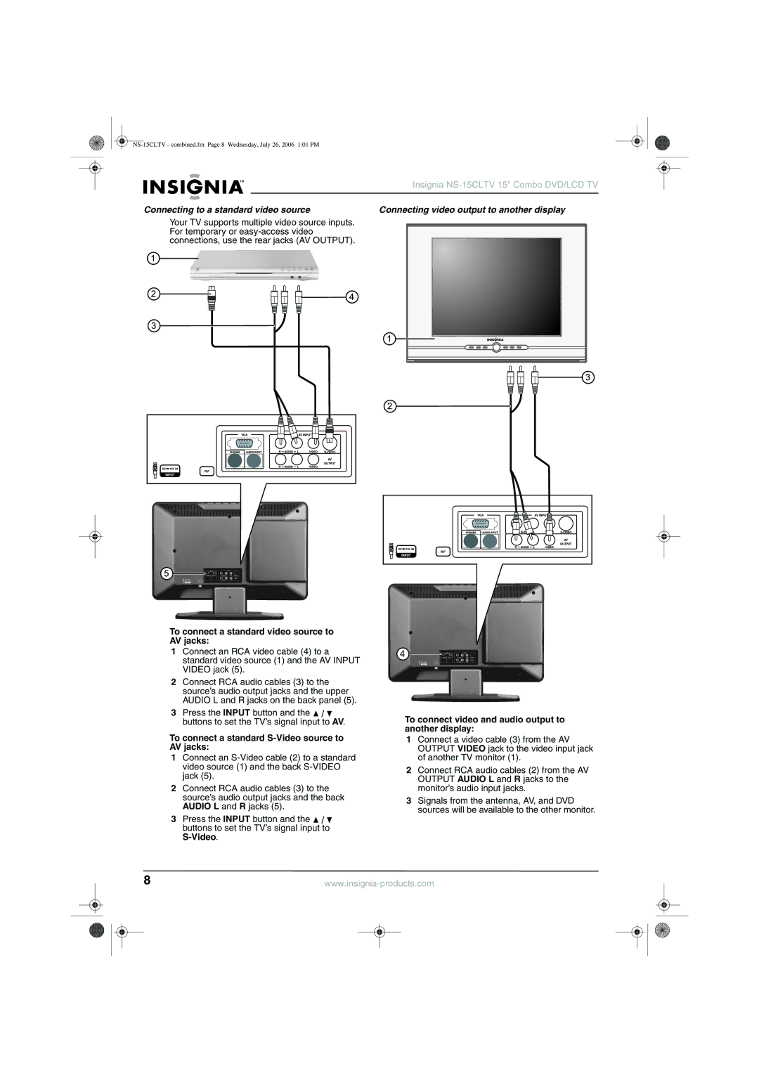 Insignia NS-15cltv manual To connect a standard video source to AV jacks, To connect a standard S-Video source to AV jacks 