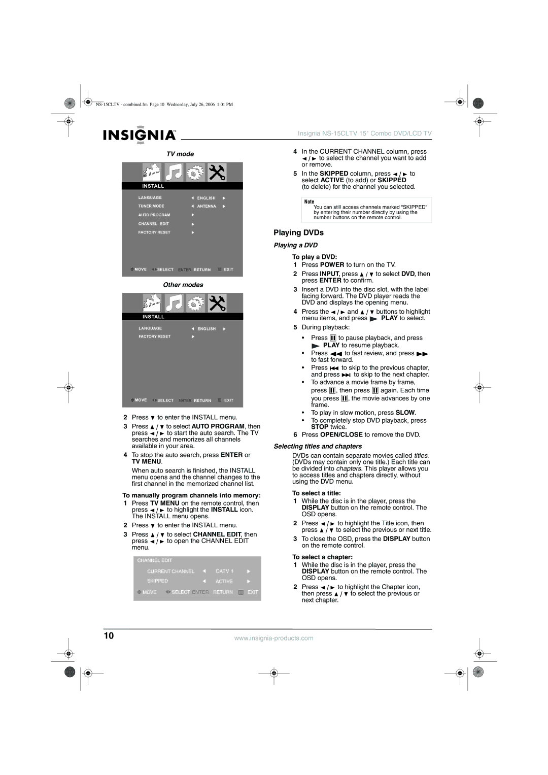 Insignia NS-15cltv manual Playing DVDs, TV mode, Playing a DVD, Other modes, Selecting titles and chapters 