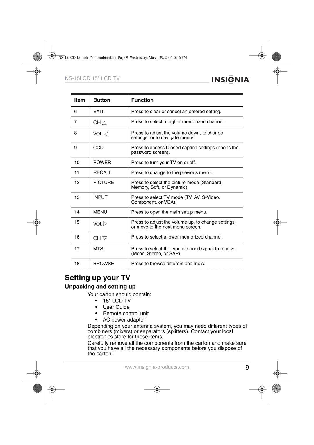 Insignia NS-15LCD manual Setting up your TV, Unpacking and setting up 