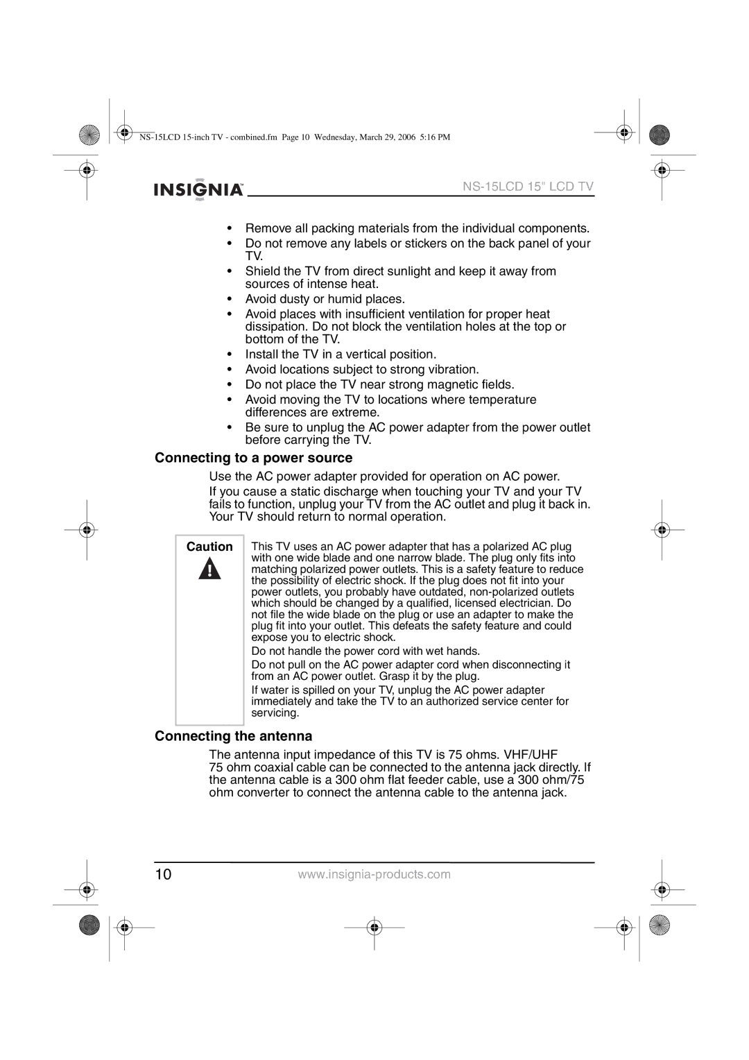 Insignia NS-15LCD manual Connecting to a power source, Connecting the antenna 