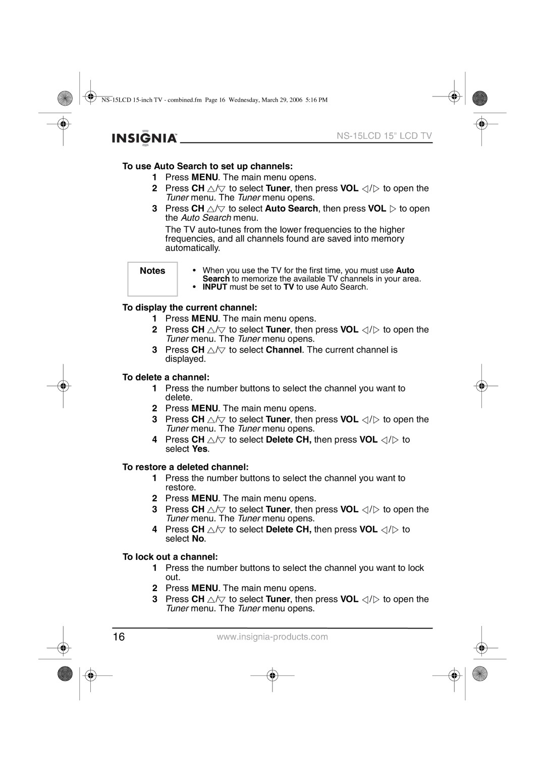 Insignia NS-15LCD manual To use Auto Search to set up channels, To display the current channel, To delete a channel 