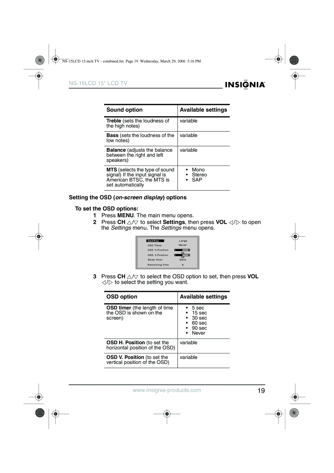 Insignia NS-15LCD manual Sound option Available settings, OSD option Available settings, Sap 