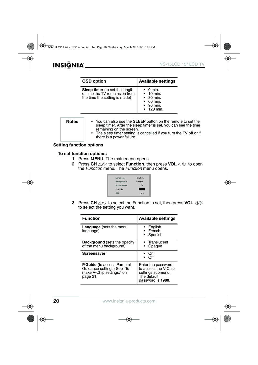 Insignia NS-15LCD manual Setting function options To set function options, Function Available settings 