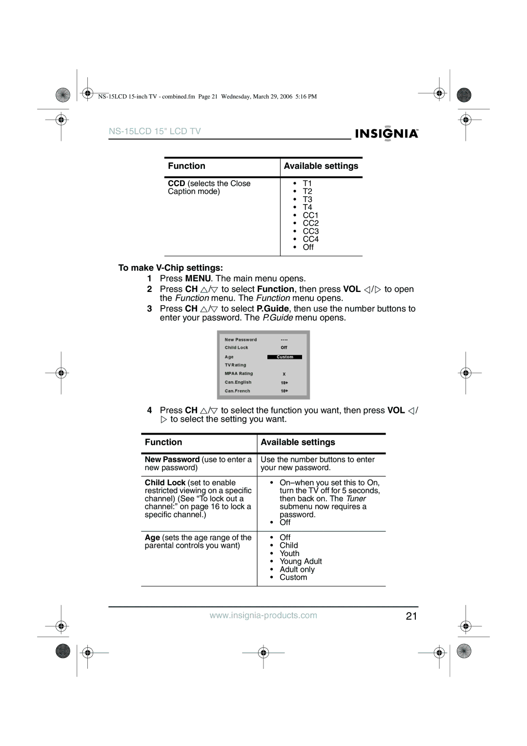 Insignia NS-15LCD manual To make V-Chip settings, CC1, CC2, CC3, CC4 