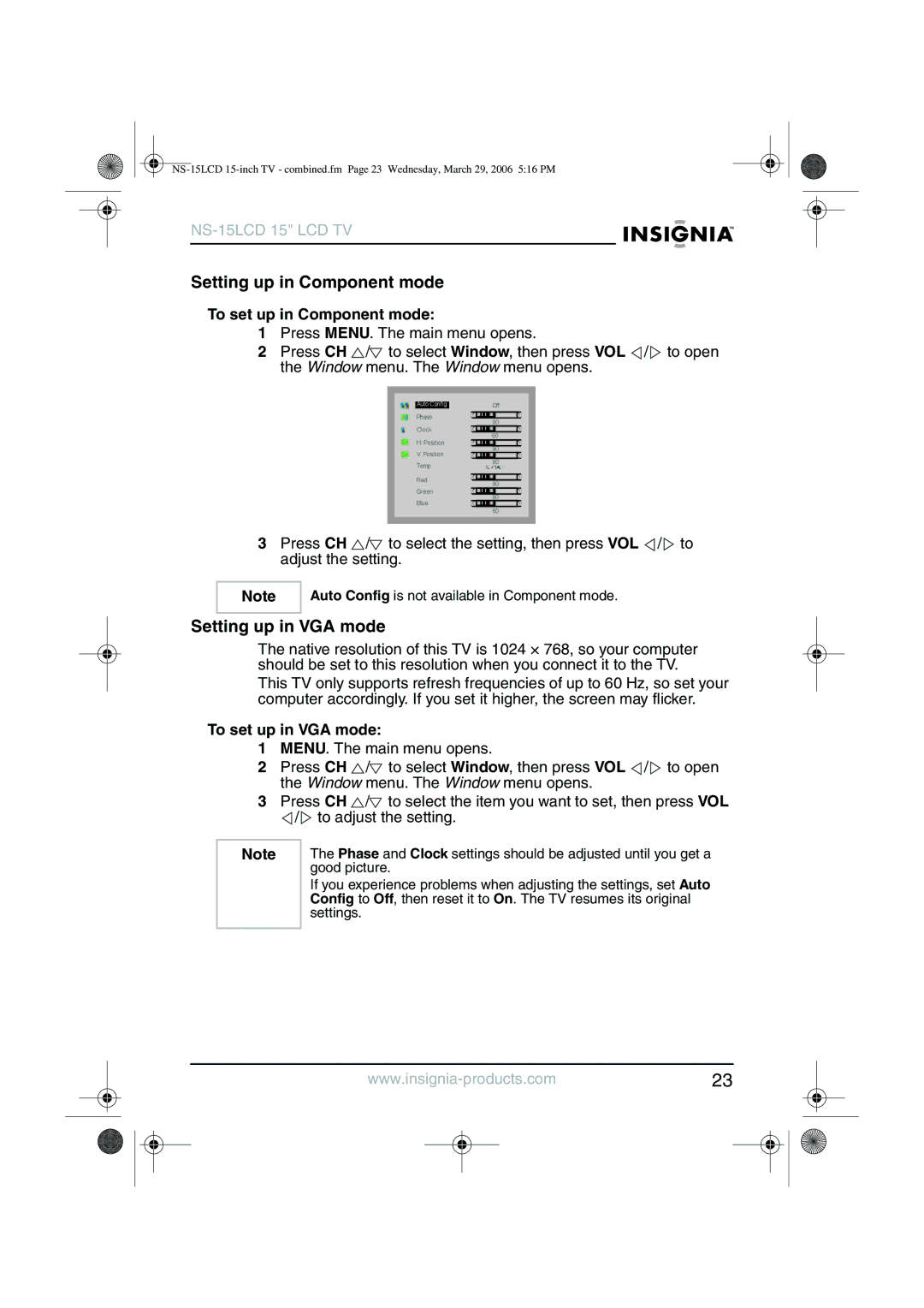 Insignia NS-15LCD Setting up in Component mode, Setting up in VGA mode, To set up in Component mode, To set up in VGA mode 