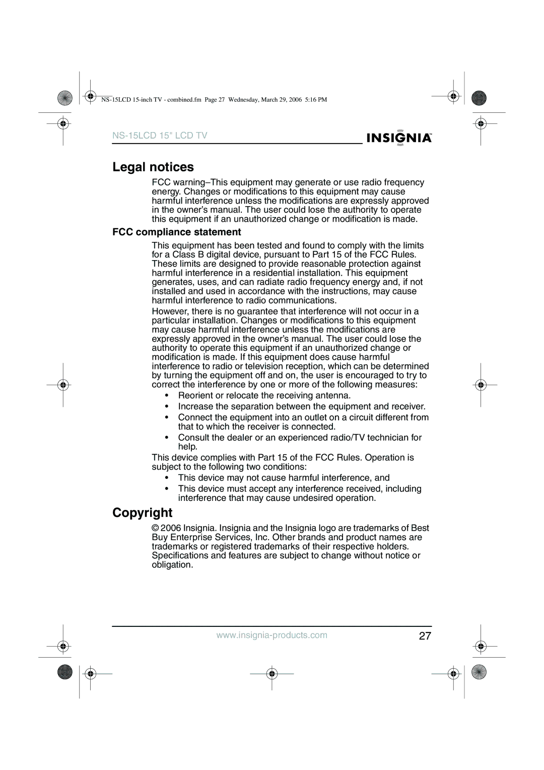 Insignia NS-15LCD manual Legal notices, Copyright, FCC compliance statement 