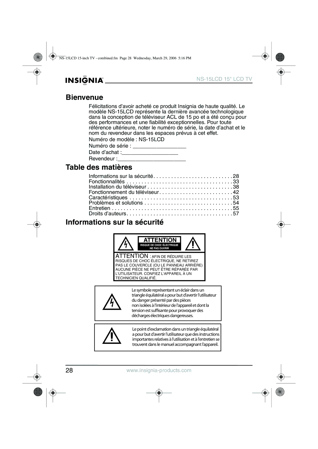 Insignia NS-15LCD manual Bienvenue, Table des matières, Informations sur la sécurité 