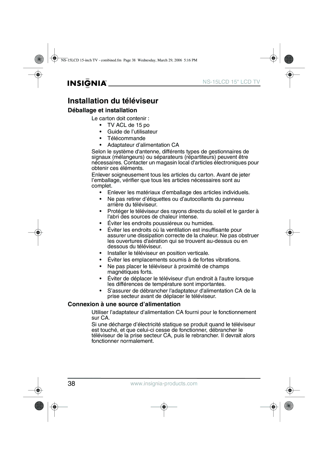 Insignia NS-15LCD manual Installation du téléviseur, Déballage et installation, Connexion à une source d’alimentation 