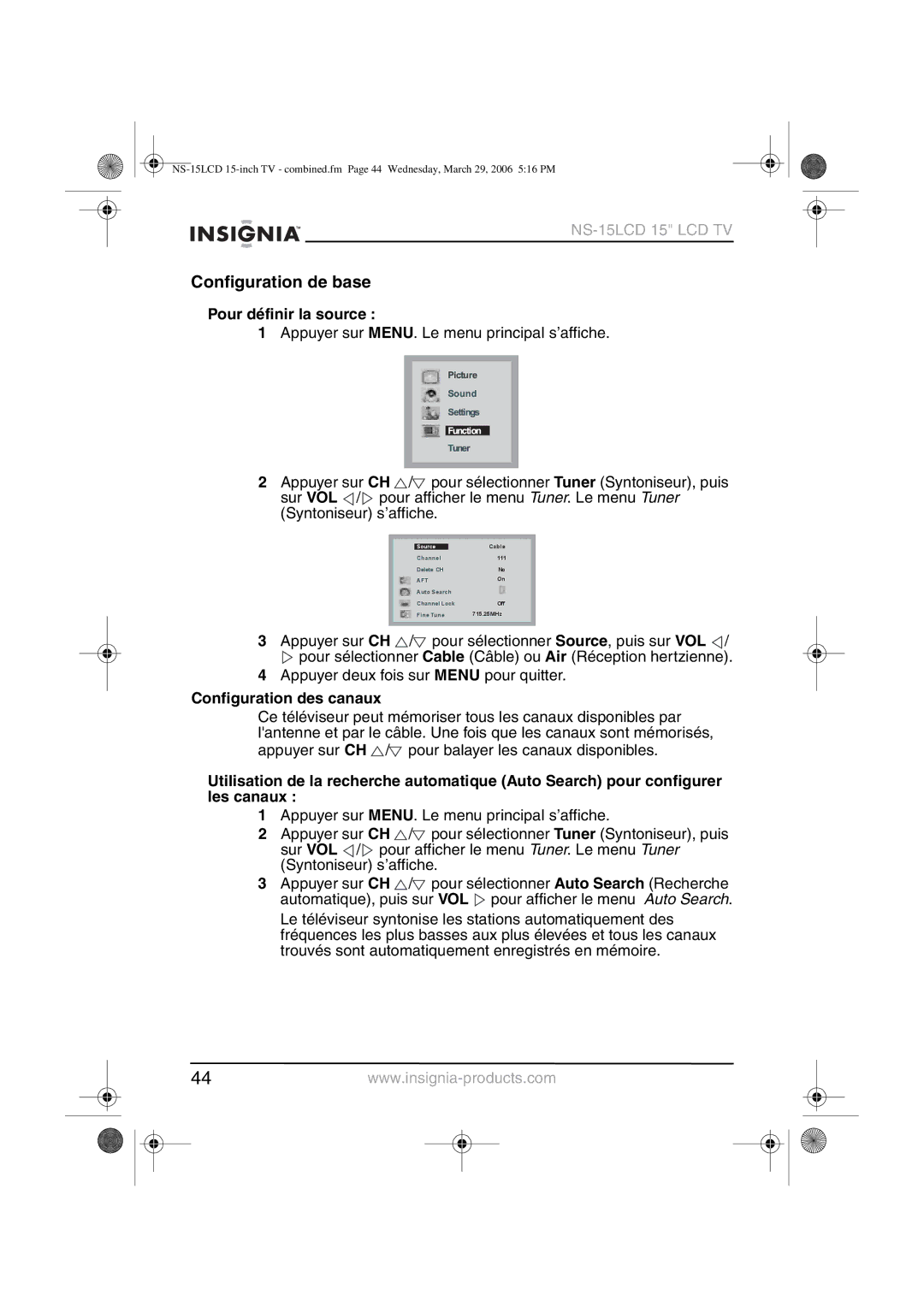 Insignia NS-15LCD manual Configuration de base, Pour définir la source, Configuration des canaux 