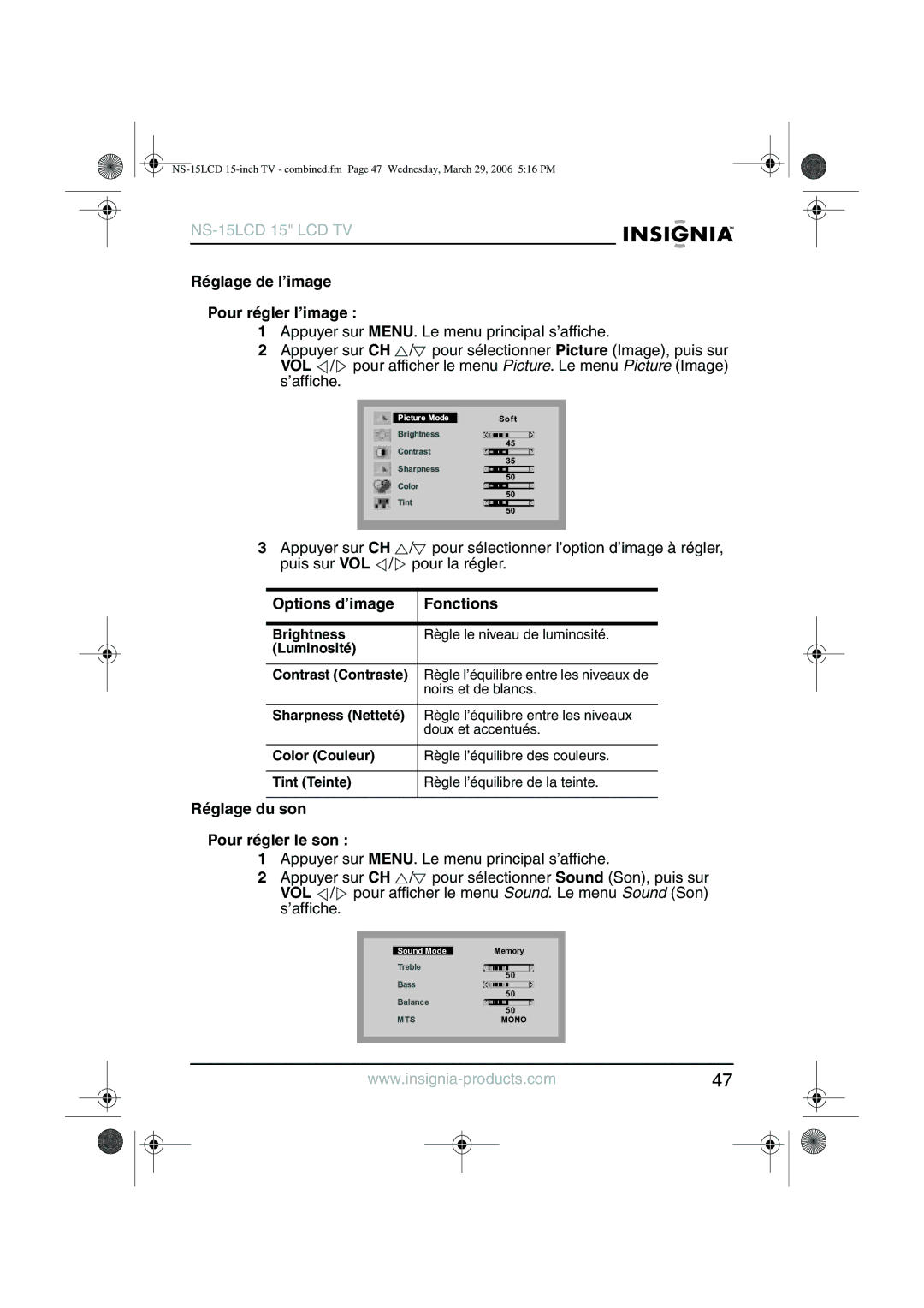 Insignia NS-15LCD Réglage de l’image Pour régler l’image, Options d’image Fonctions, Réglage du son Pour régler le son 