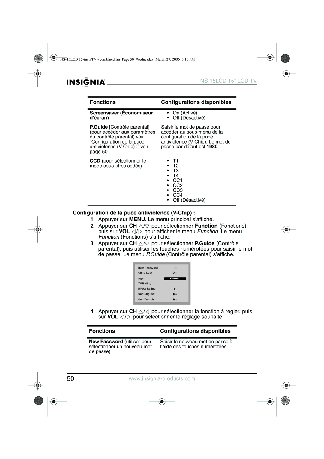 Insignia NS-15LCD manual Configuration de la puce antiviolence V-Chip, Décran 