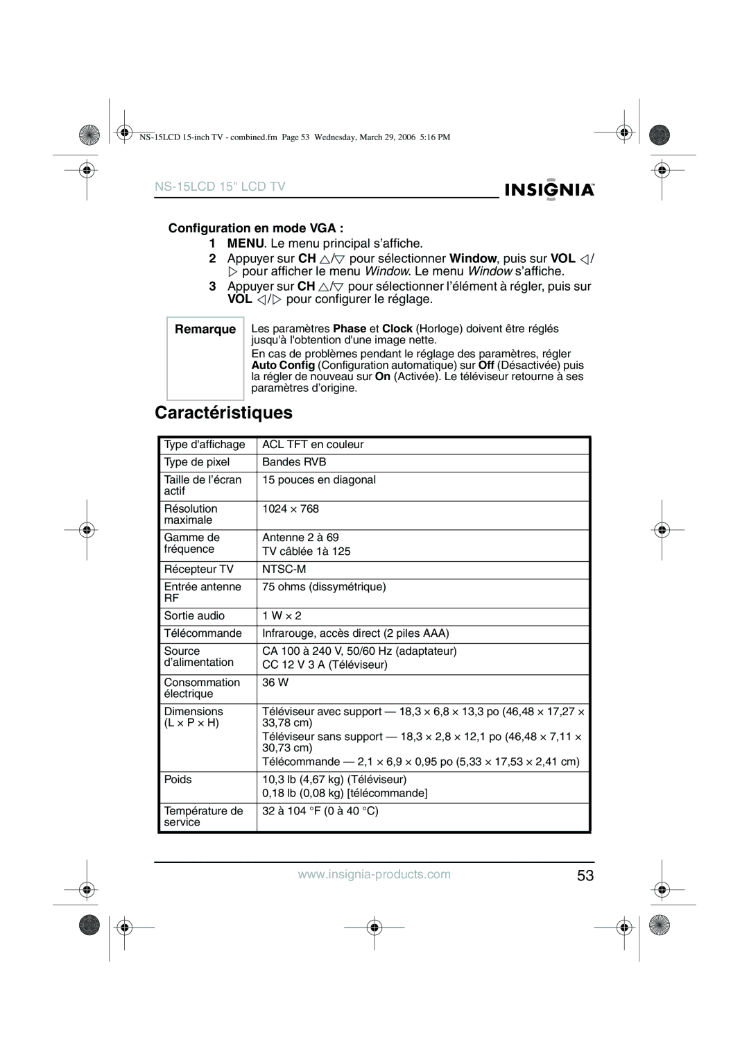 Insignia NS-15LCD manual Caractéristiques, Configuration en mode VGA 